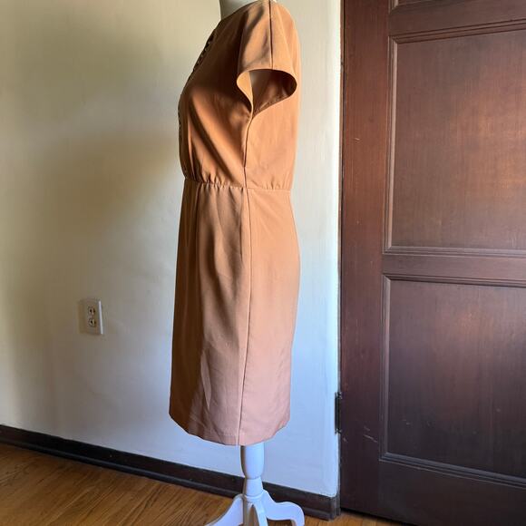 SEPTEMBER | Camel Tan Pencil Short Sleeve Midi Dress Pearl Inset Bodice | Small - Picture 3 of 5